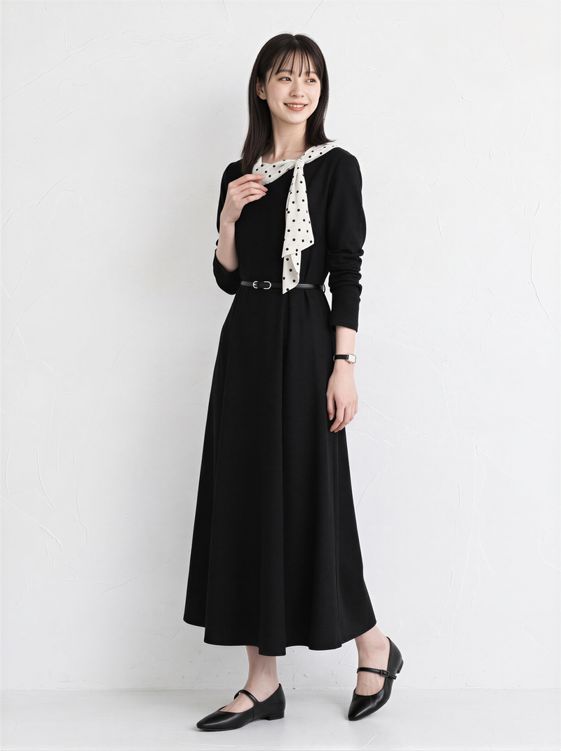 「秋季新品 」黑色點點飄帶收腰洋裝