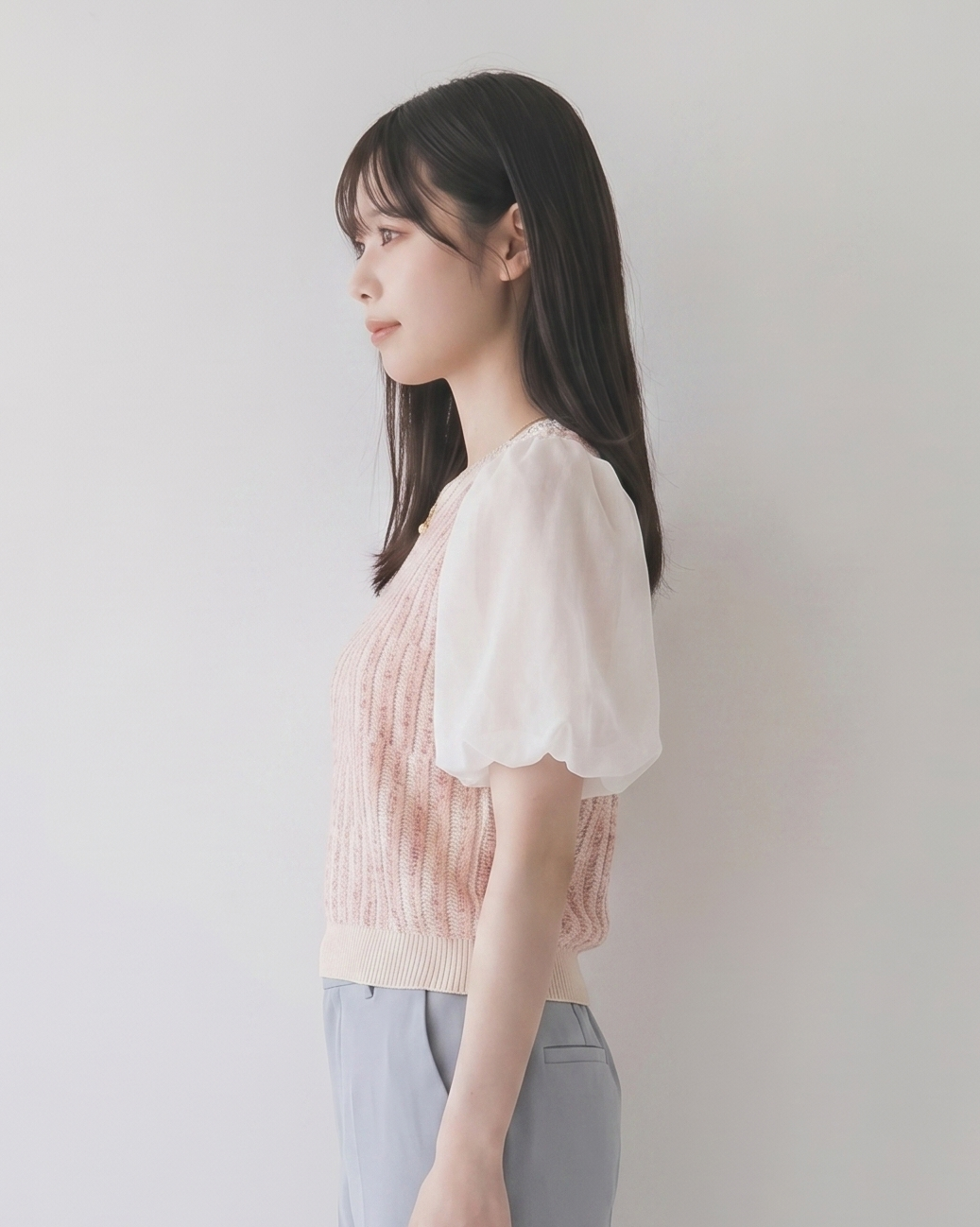 甜美日系 淺米粉泡泡袖短袖針織上衣