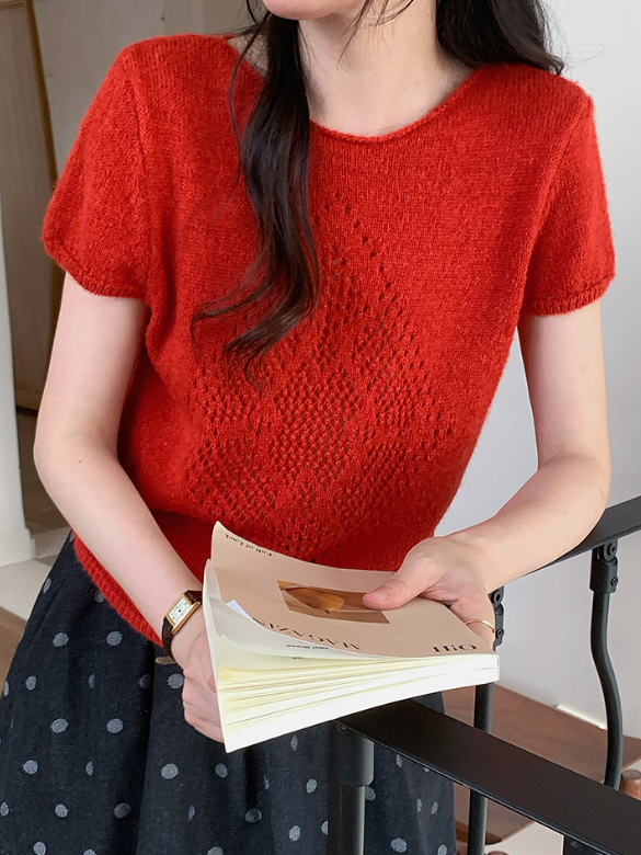 「秋季新品 」「兩色」短袖鏤空紋理針織上衣