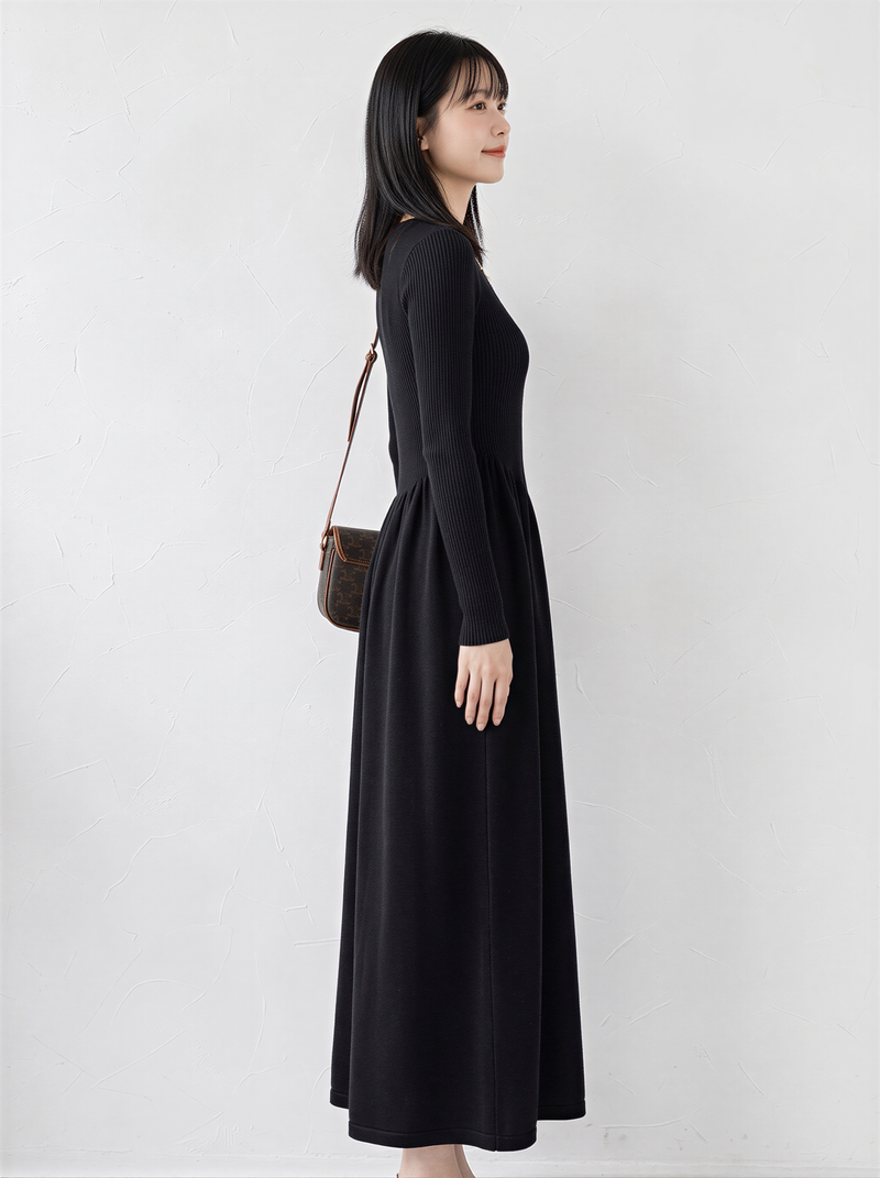 「秋季新品 」「兩色」高腰抓褶羅紋針織洋裝