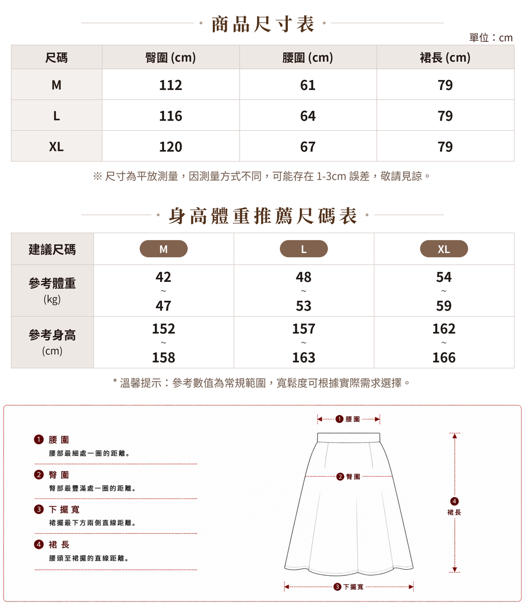 「3色」M~XL 鬆緊抽繩高腰 | 斜插口袋 A字大擺長款半身裙 size chart 1