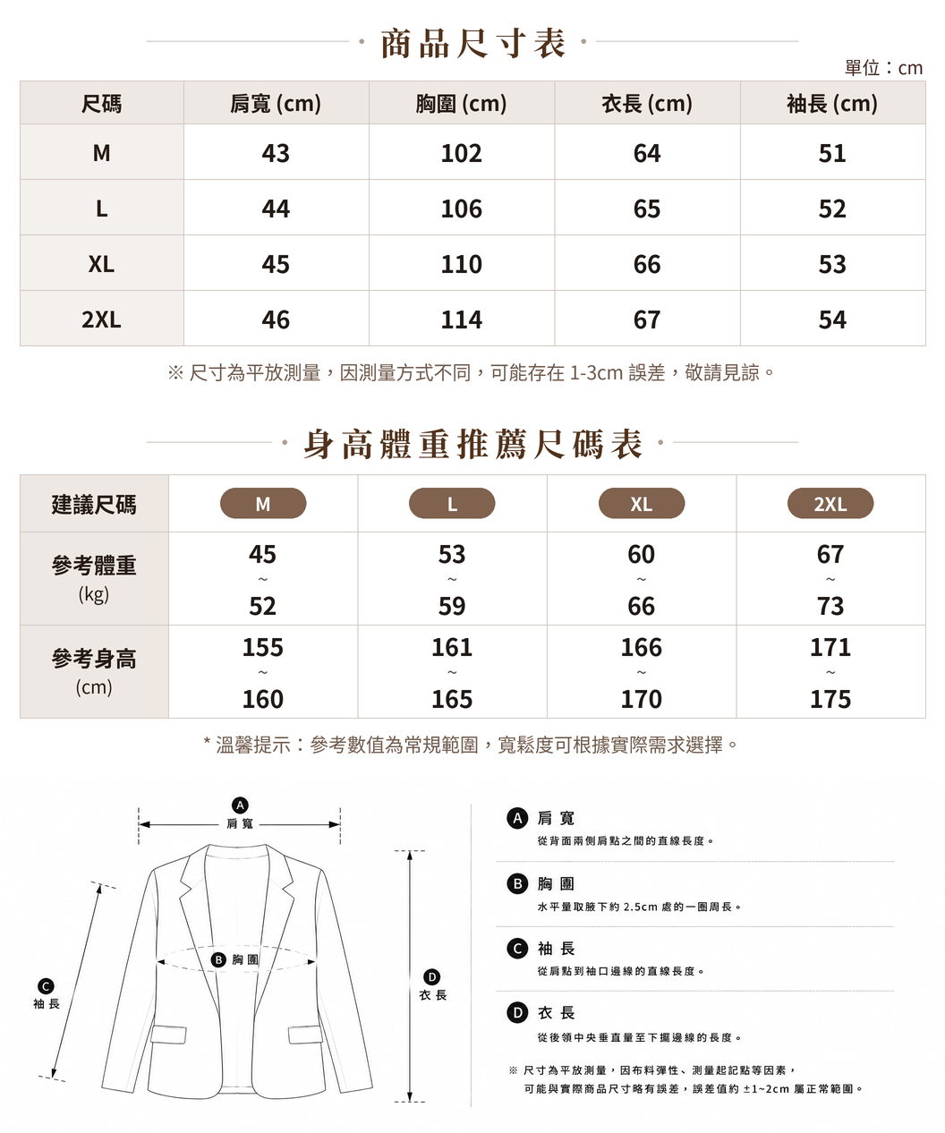 「3色」M-2XL 棉麻單排扣翻領短版西裝外套 size chart 1