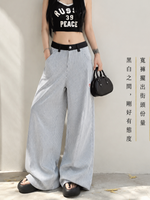 S-2XL 高腰拼接條紋 | 寬褲休閒長褲