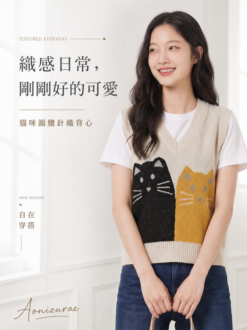 淺米色貓咪緹花V領針織背心