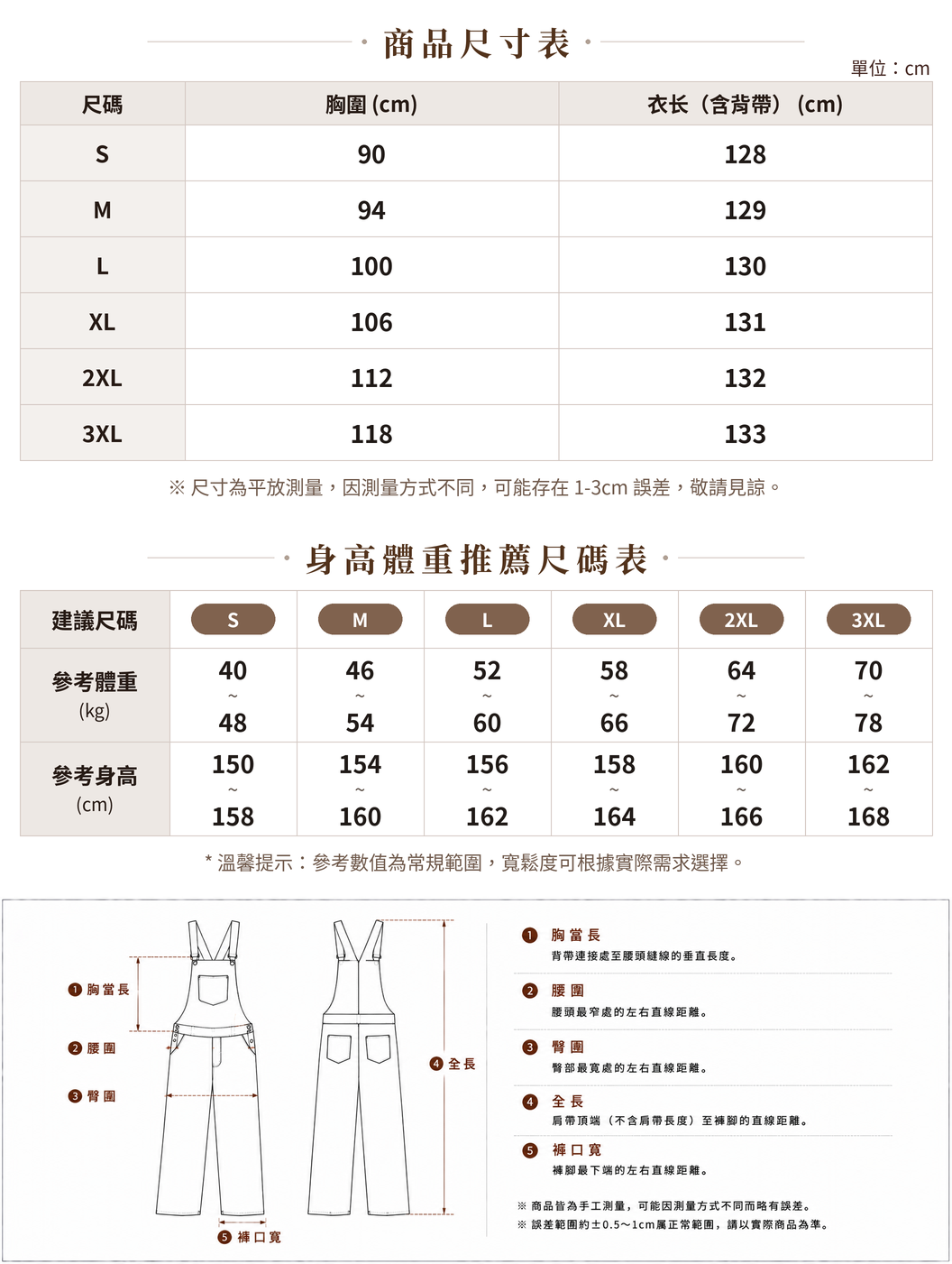 「兩色」S-3XL 寬鬆直筒大口袋吊帶褲 size chart 1