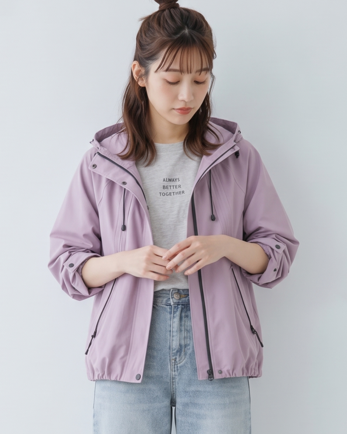 「秋季新品 」 S-XL 淺紫色 連帽抽繩寬鬆風衣
