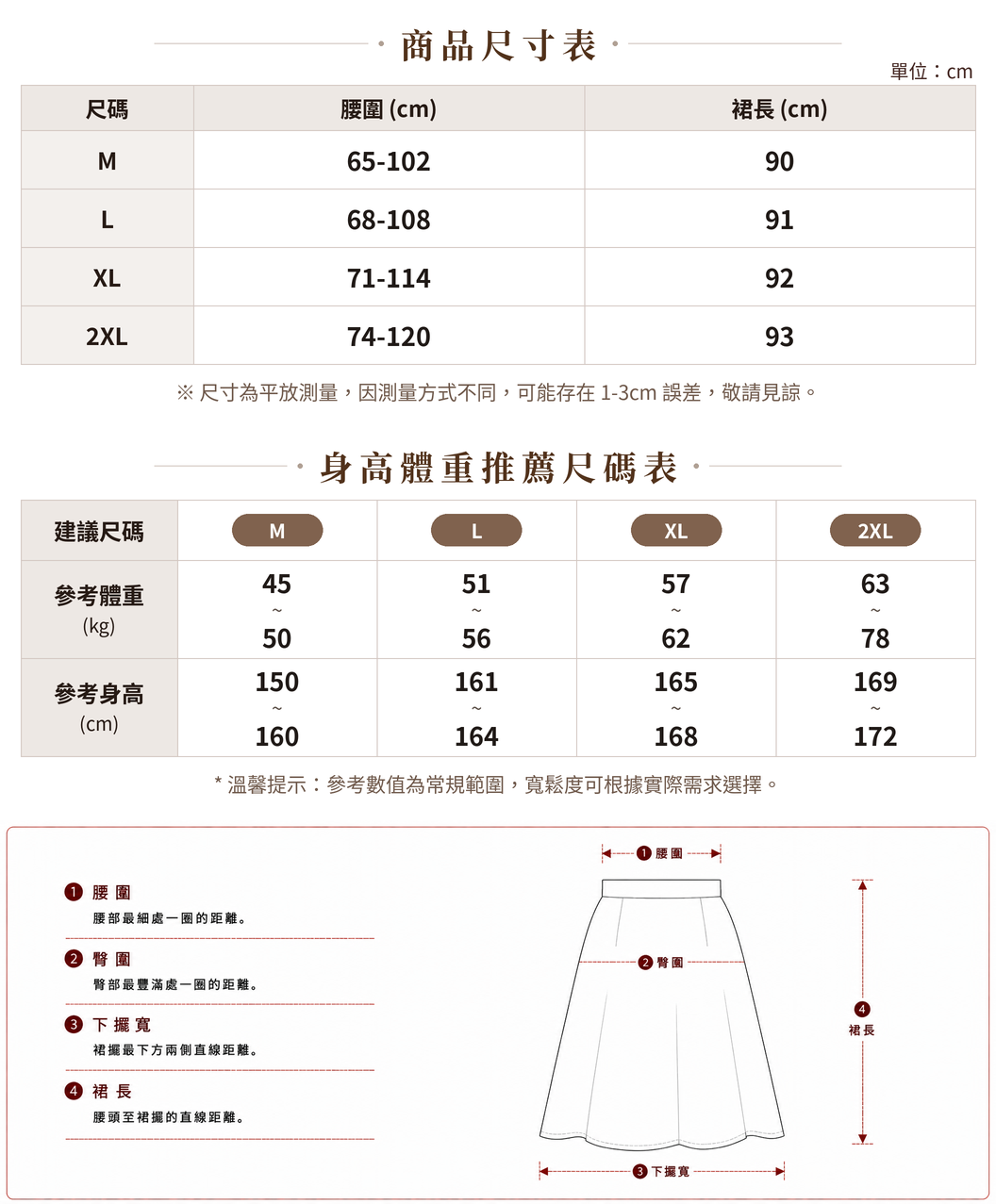 M-2XL 淺粉色高腰垂墜飄逸A字長裙 size chart 1