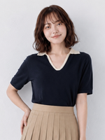 冰爽絲生態纖維，清凉質感撞色針織短袖V領上衣
