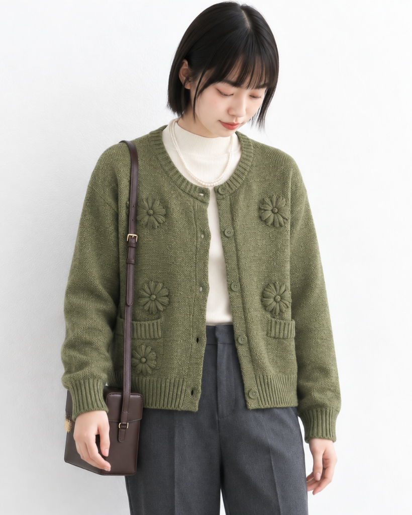 「秋季新品 」輕暖外搭柔軟舒適 立體花朵針織開襟衫圓領微彈休閒短版毛衣