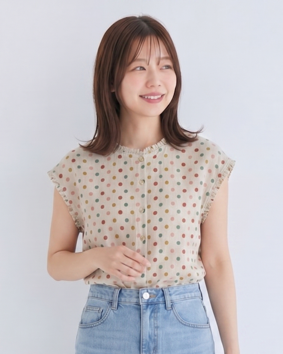 灰色波點木耳邊無袖襯衫