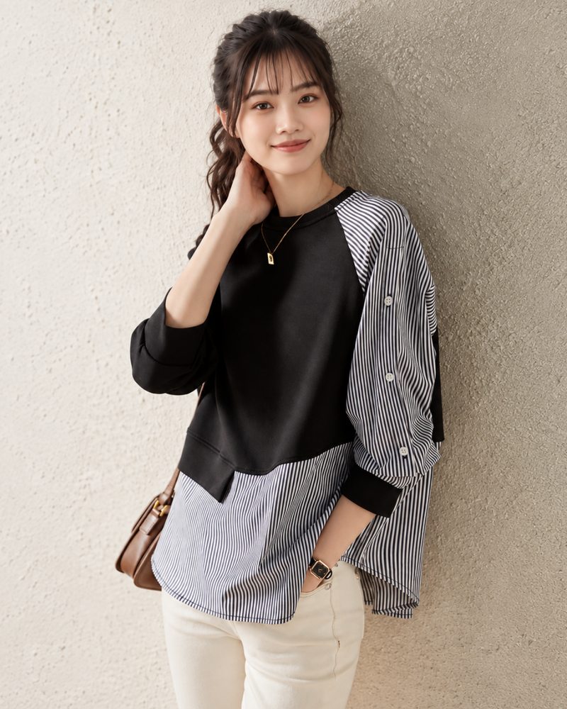 「兩色」「秋季新品 」 S-2XL 拼接條紋寬鬆衛衣