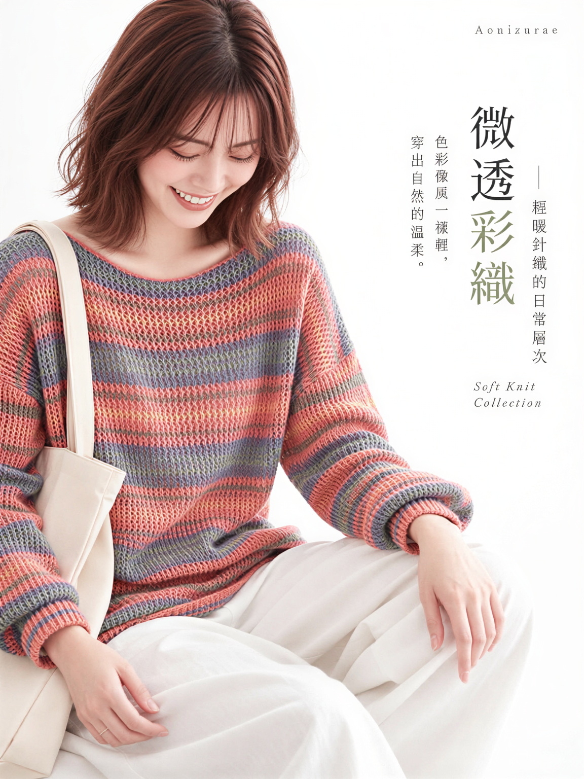 「秋季新品 」M-XL 彩條寬鬆落肩針織衫