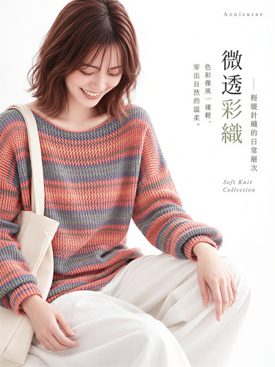「秋季新品 」M-XL 彩條寬鬆落肩針織衫