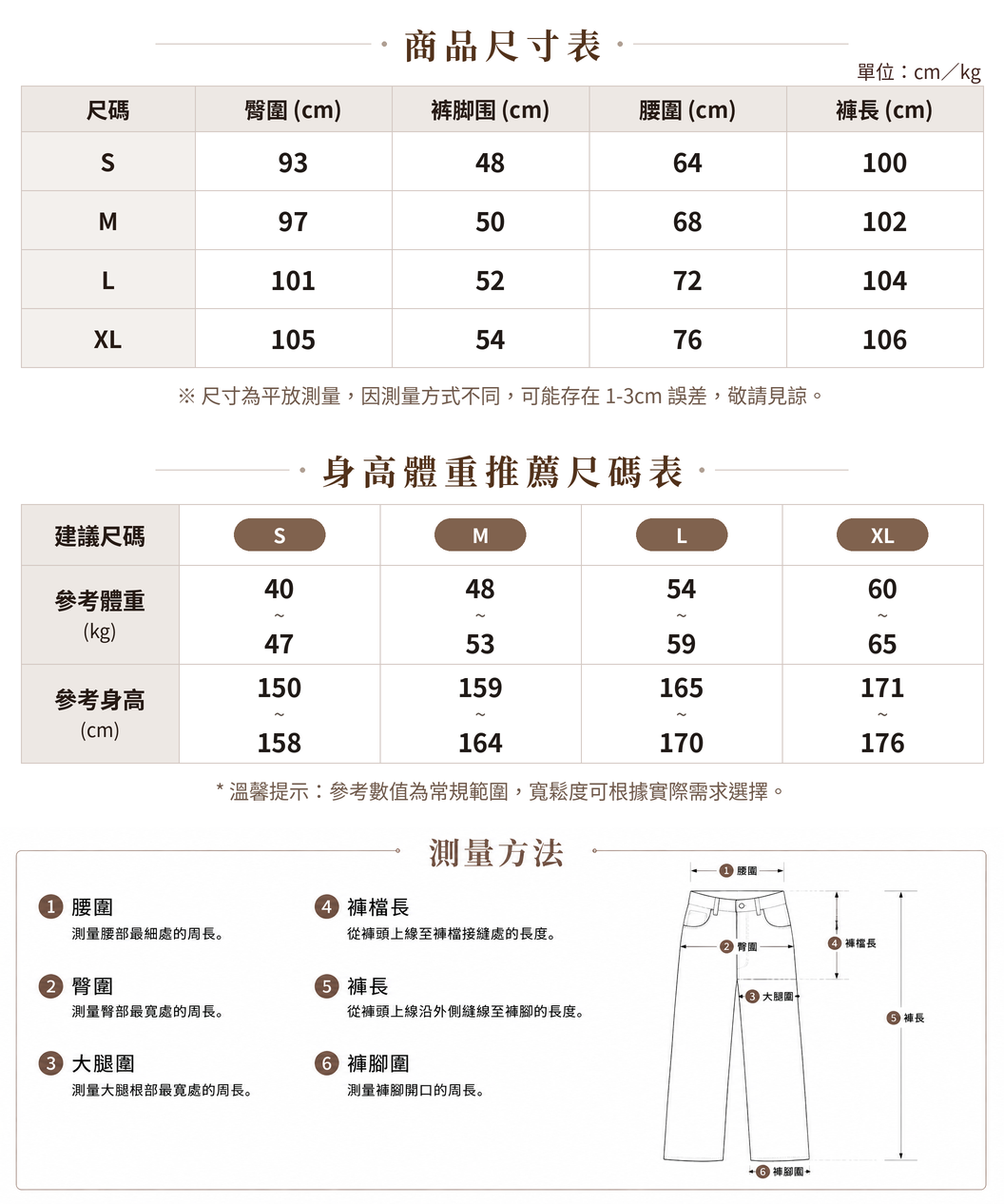 S-XL 高腰寬褲廓形牛仔褲 size chart 1