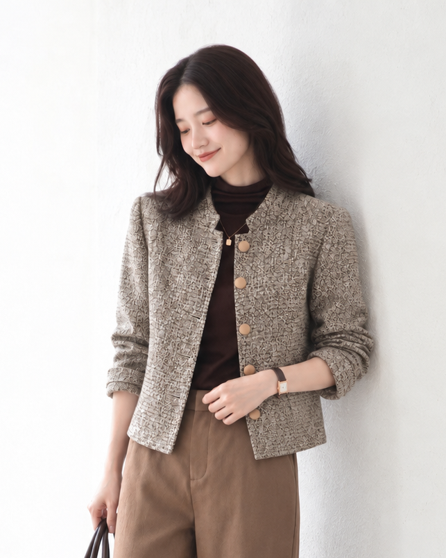 「秋季新品 」 S-XL 粗花呢圓領金釦小香風外套