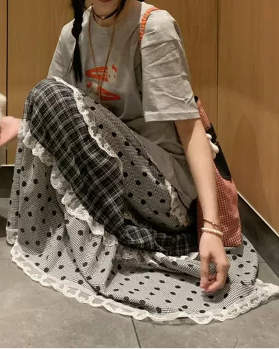 格紋拼波點蕾絲邊蛋糕裙