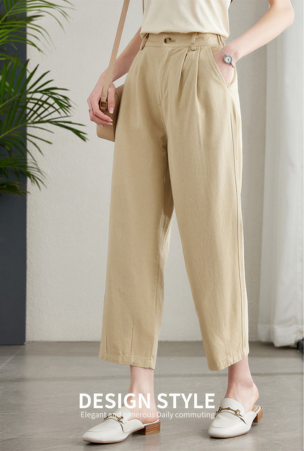 「兩色」 S-XL 高腰打褶九分休閒褲
