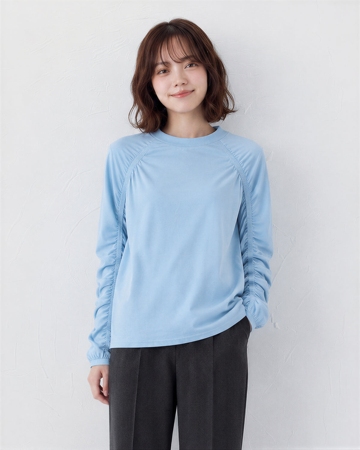 「秋季新品 」「兩色」S-XL 抽皺拼線寬鬆長袖T恤