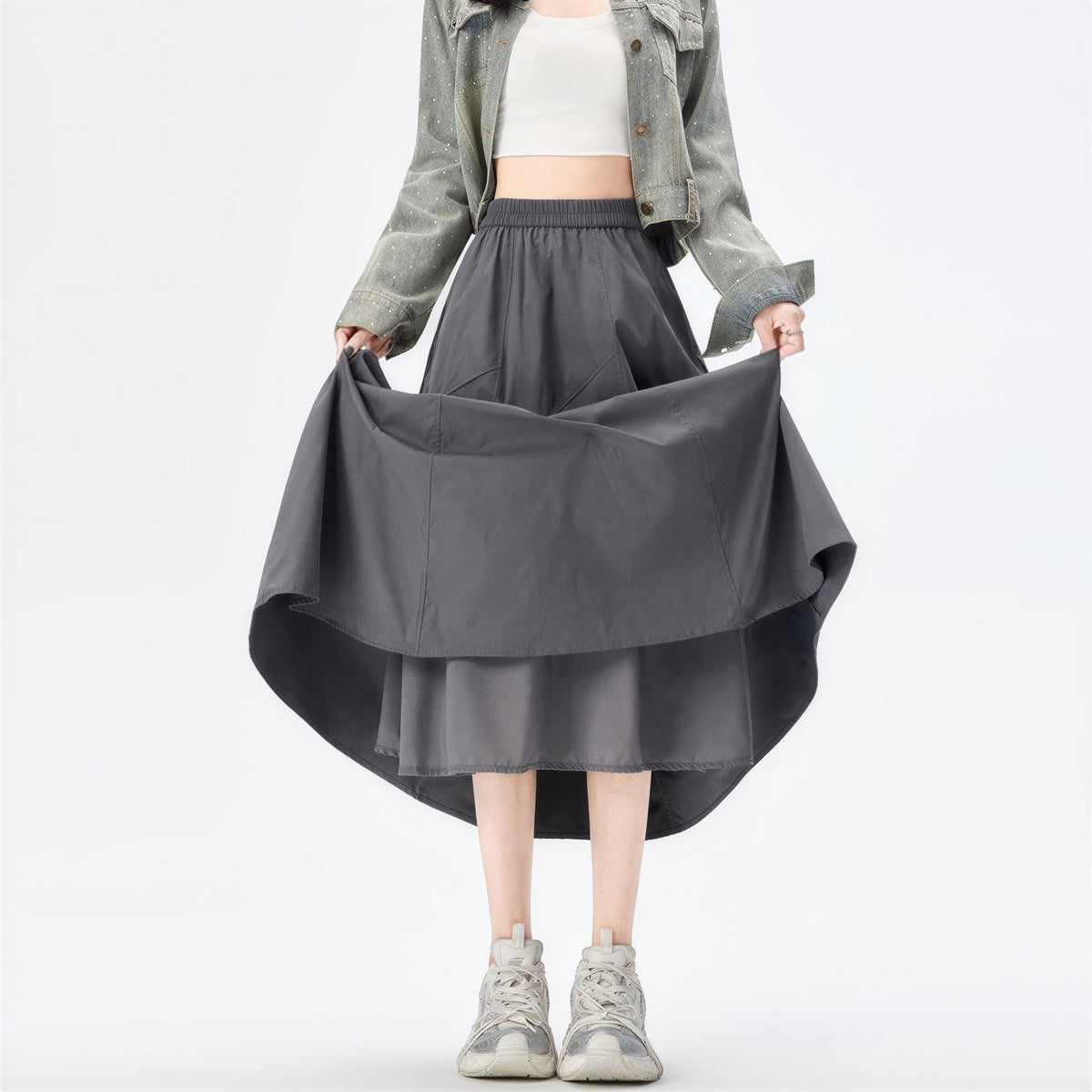 「多色」S-2XL 立體拼線蓬感半身裙