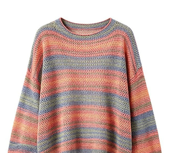 「秋季新品 」M-XL 彩條寬鬆落肩針織衫
