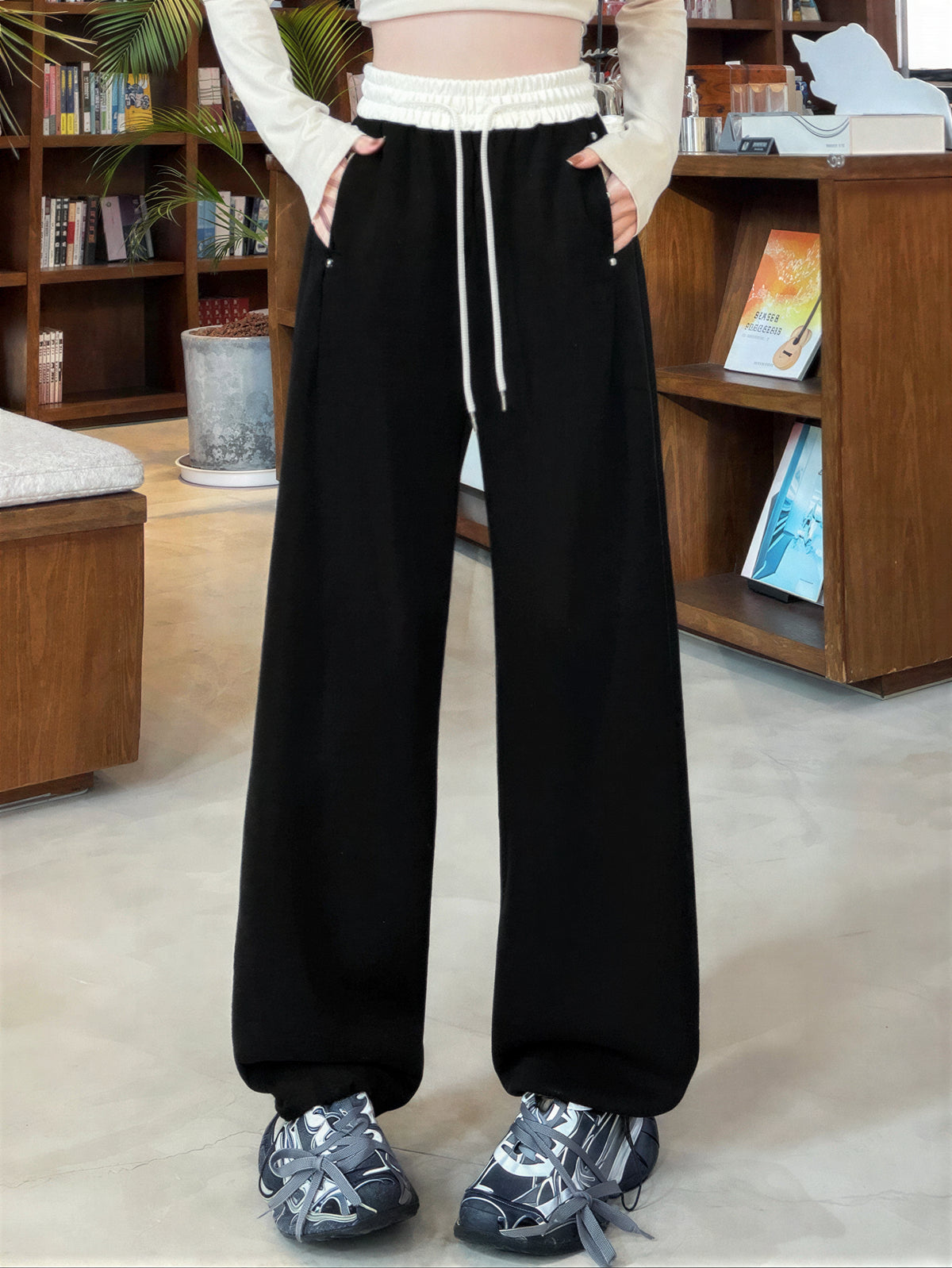 「多色」「秋季新品 」S-2XL 高腰抽繩寬褲衛褲