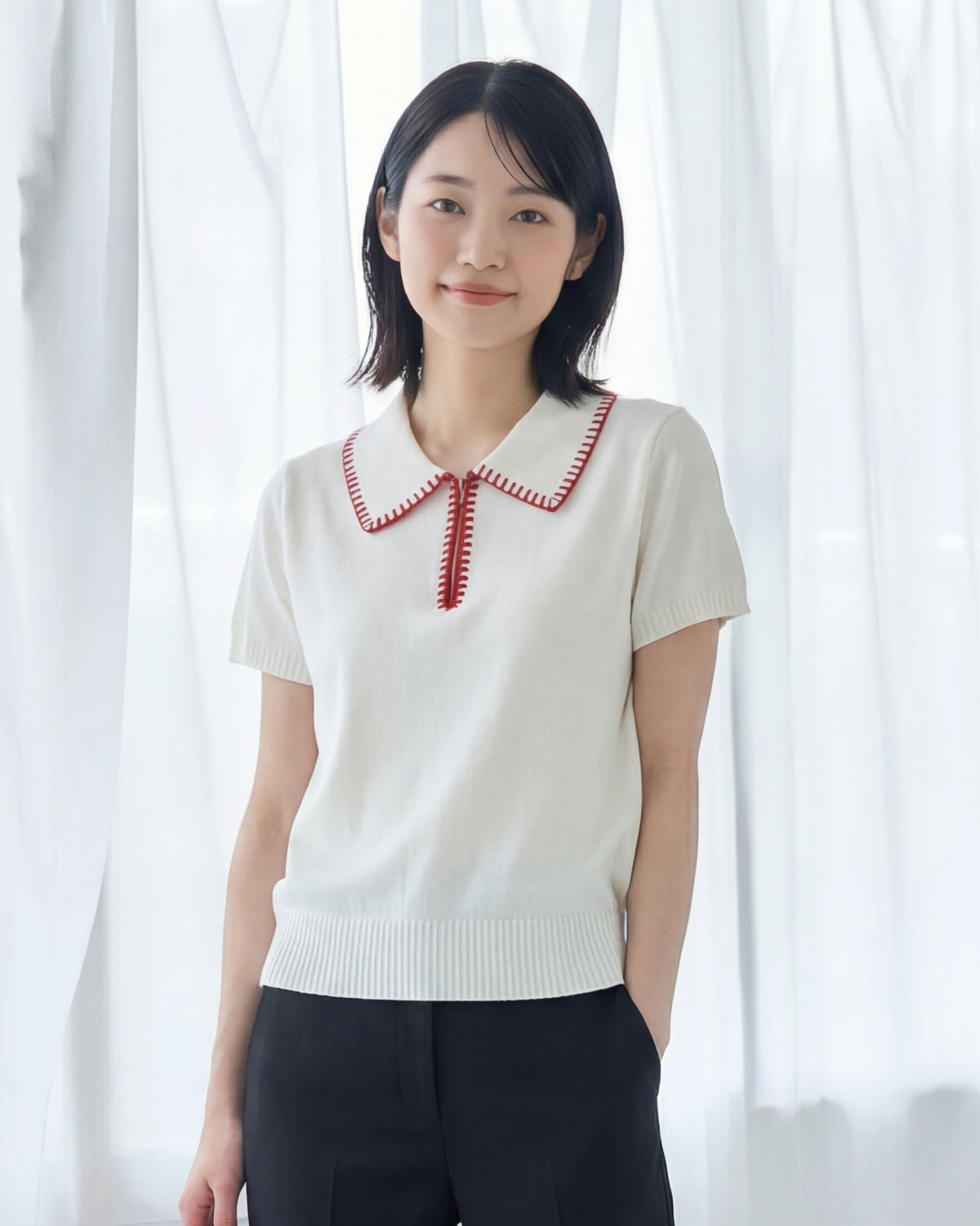 撞色繡邊翻領半開襟針織短袖