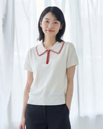 撞色繡邊翻領半開襟針織短袖