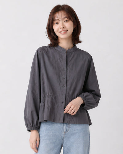 S-XL 灰色立領收腰燈籠袖襯衫