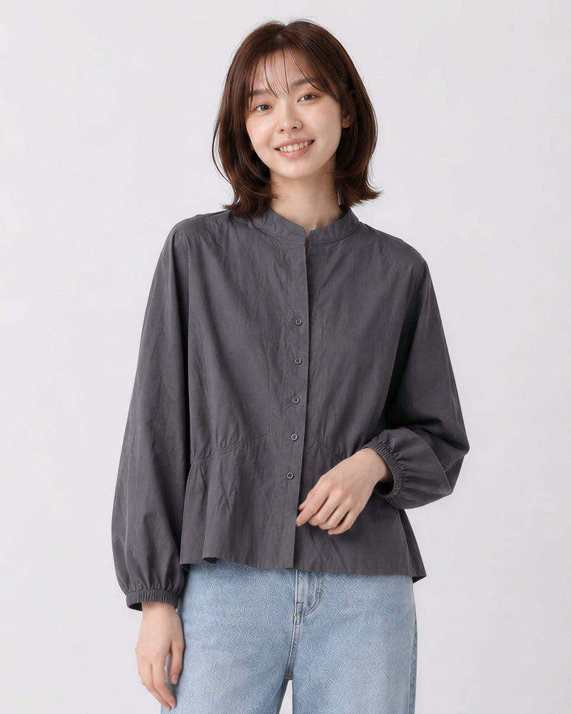 S-XL 灰色立領收腰燈籠袖襯衫