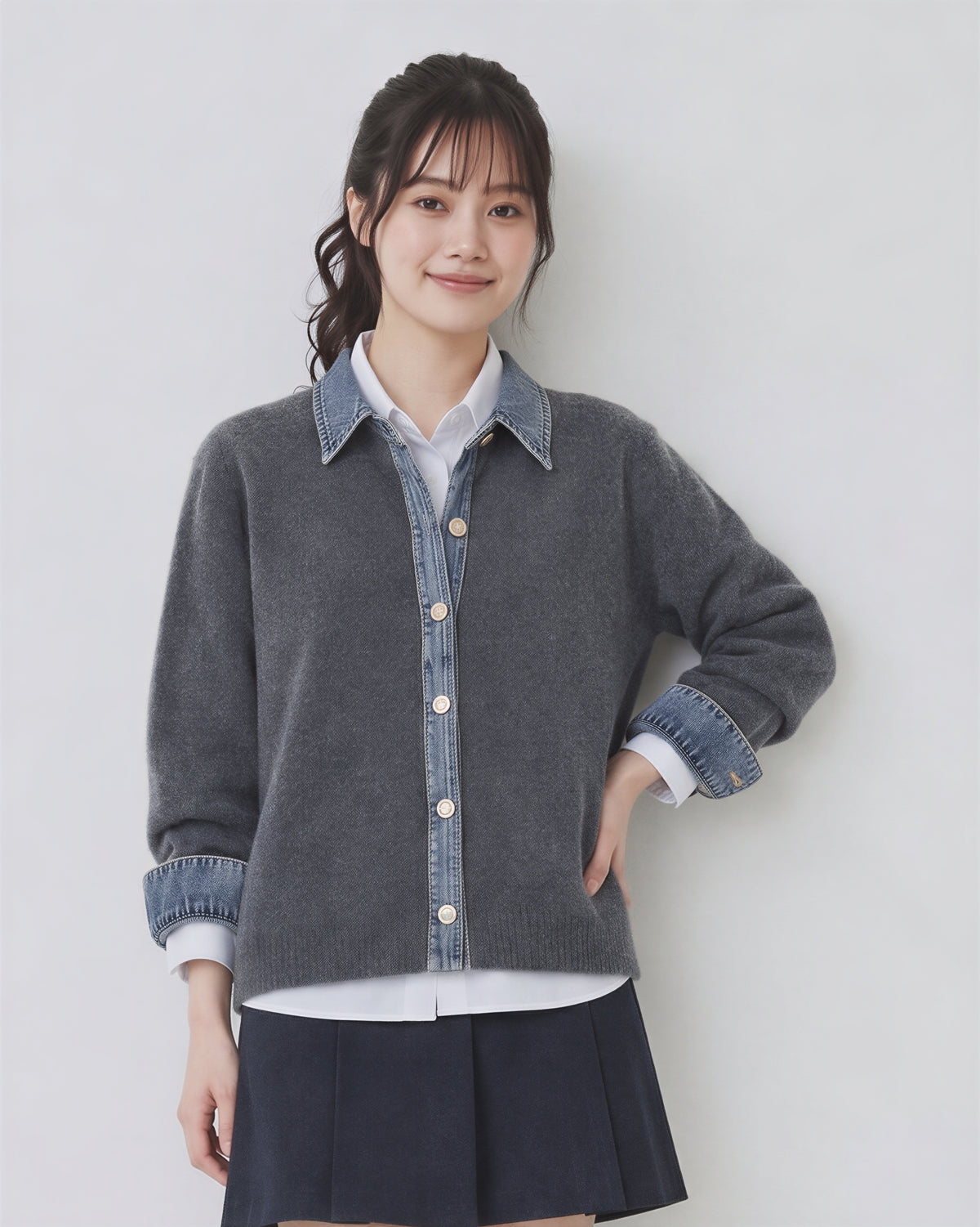 「3色」「秋季新品 」M-XL 拼接翻領短版針織開襟衫