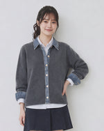 「3色」「秋季新品 」M-XL 拼接翻領短版針織開襟衫