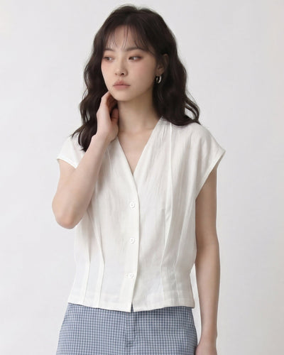 V領收腰廓形無袖襯衫-白色-2XL