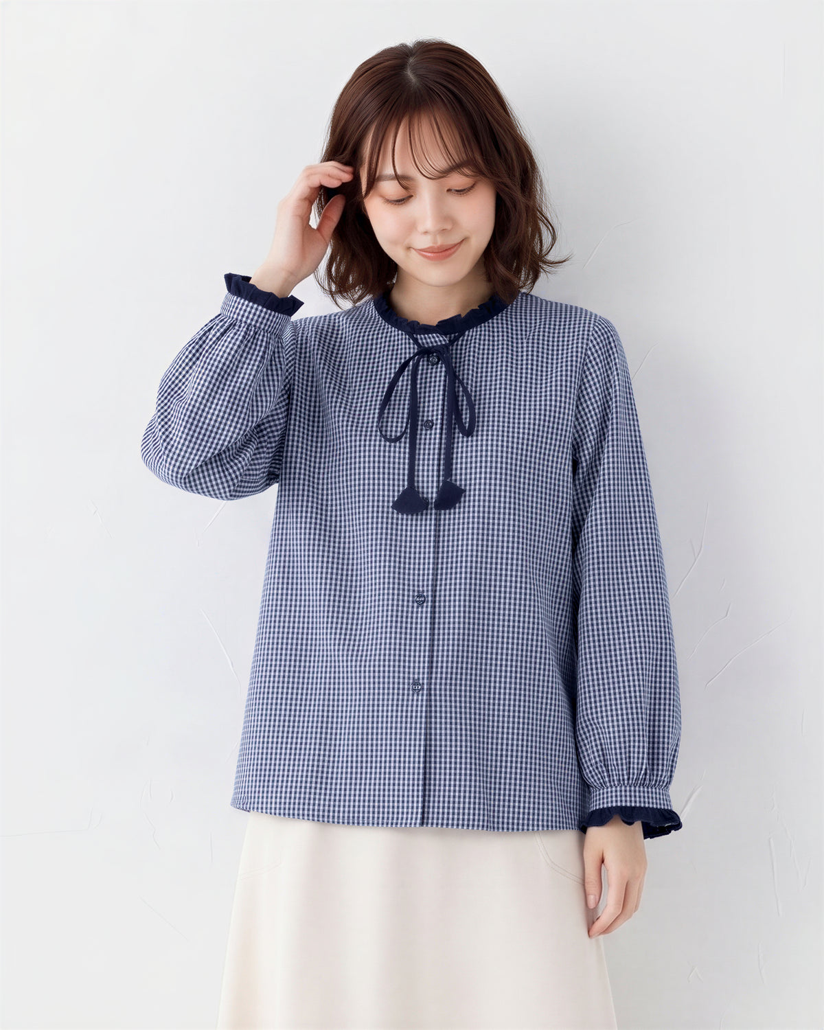 「秋季新品 」S-2XL 木耳邊綁帶格紋襯衫