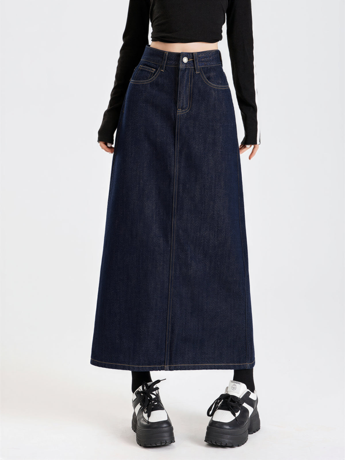 高腰開衩直筒牛仔半身裙-藏青色  01-2XL