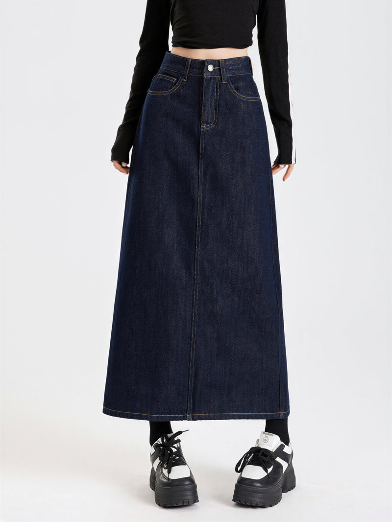高腰開衩直筒牛仔半身裙-藏青色  01-2XL