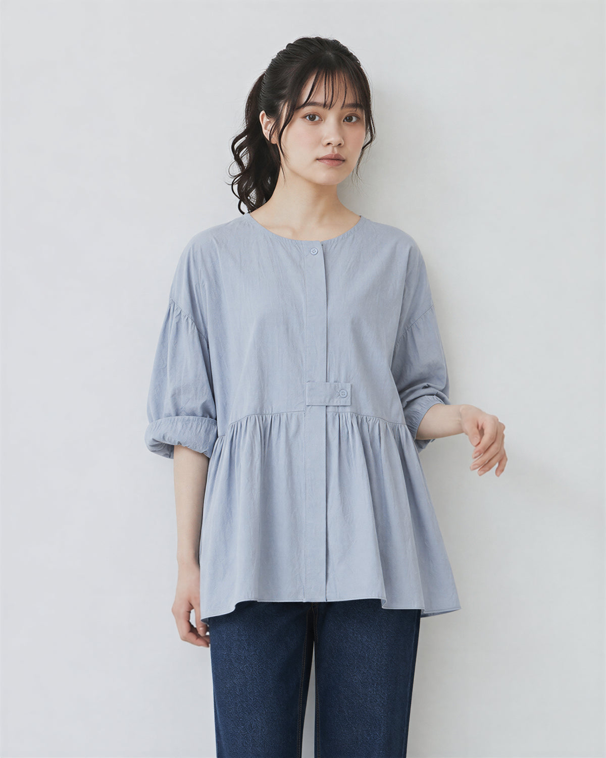 「秋季新品 」圓領收腰褶襬襯衫