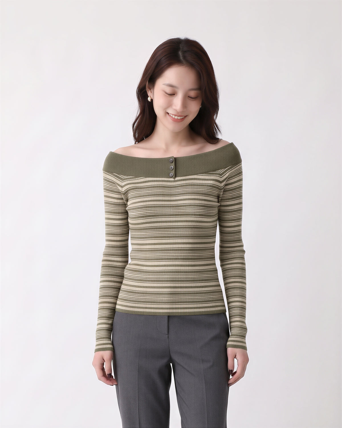 「秋季新品 」S-XL 一字領條紋修身針織衫