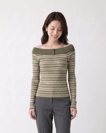 「秋季新品 」S-XL 一字領條紋修身針織衫