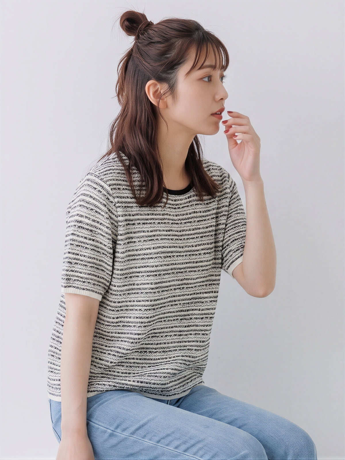 S~XL 柔軟不紮身黑白紋理 | 圓領短袖針織衫