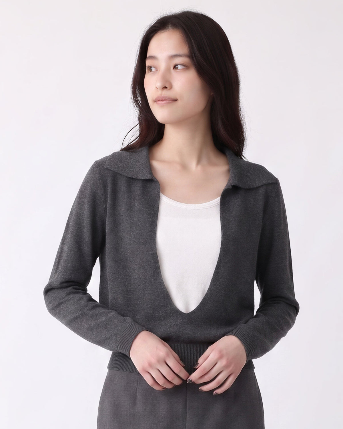 「兩色」S-XL 翻領深V拼接 | 收腰假兩件針織衫