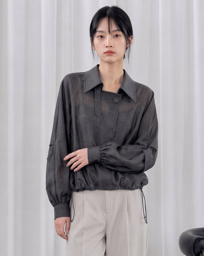 L-3XL 灰色抽繩收腰斜襟襯衫