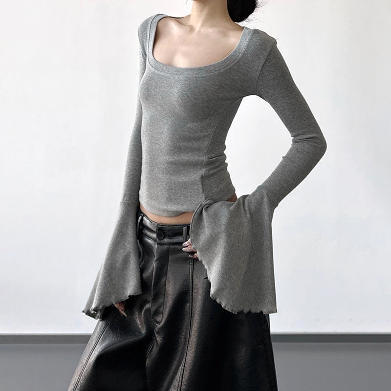 S-XL 高級感 U领個性喇叭袖 | 修身打底衫