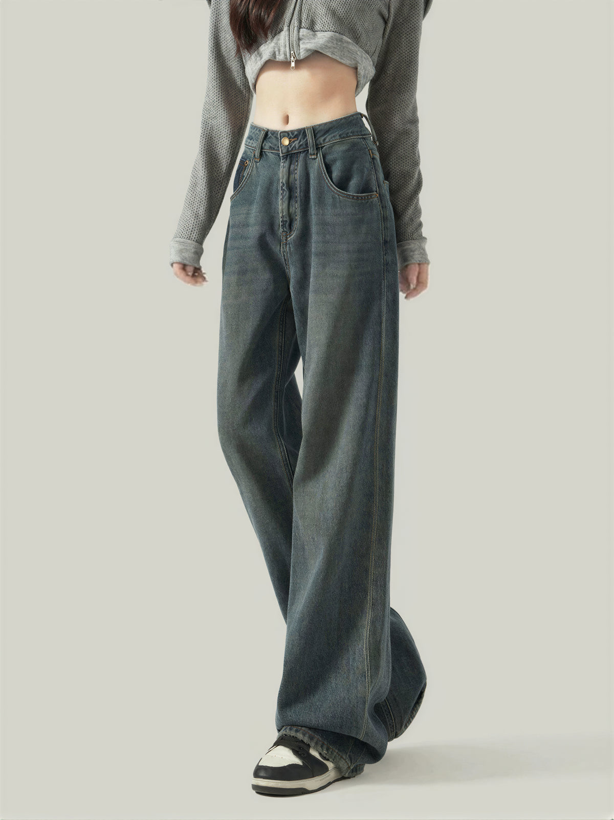 「兩色」「秋季新品 」 XS-2XL 高腰寬褲管刷舊牛仔褲