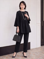「秋季新品 」「兩色」S-2XL 品質兩件式 喇叭袖高腰剪接氣質 上衣+褲子