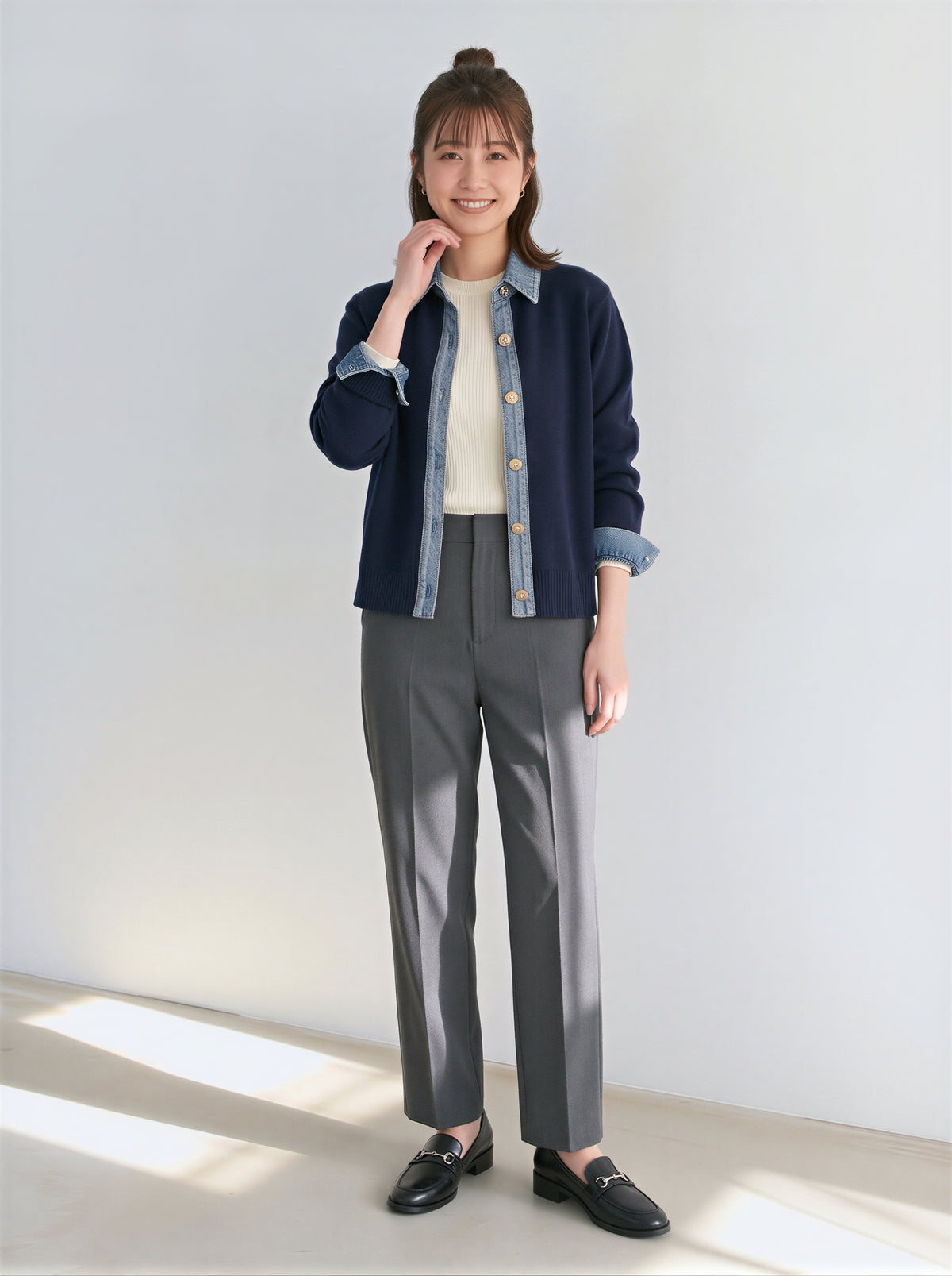 「3色」「秋季新品 」M-XL 拼接翻領短版針織開襟衫