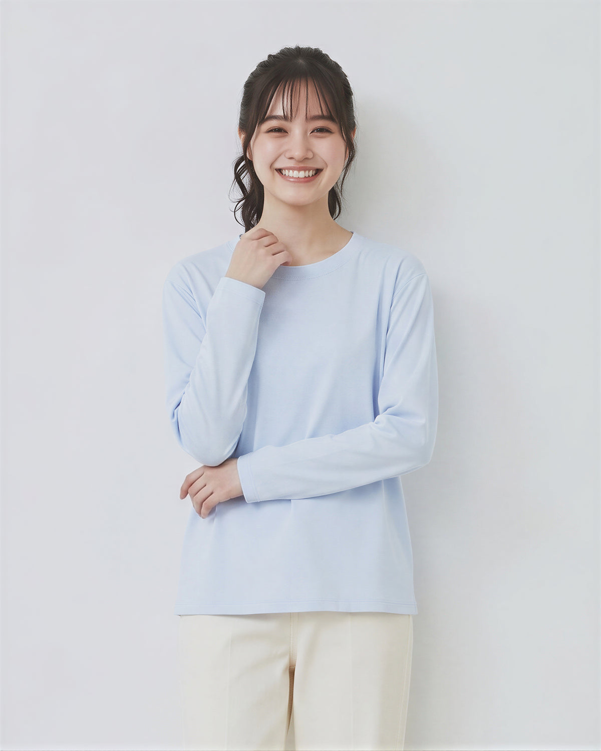 圓領落肩寬鬆長袖T恤-淺藍色-4XL