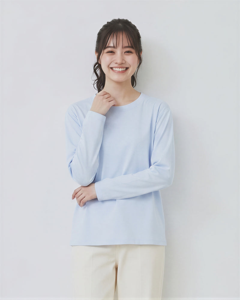 圓領落肩寬鬆長袖T恤-淺藍色-4XL