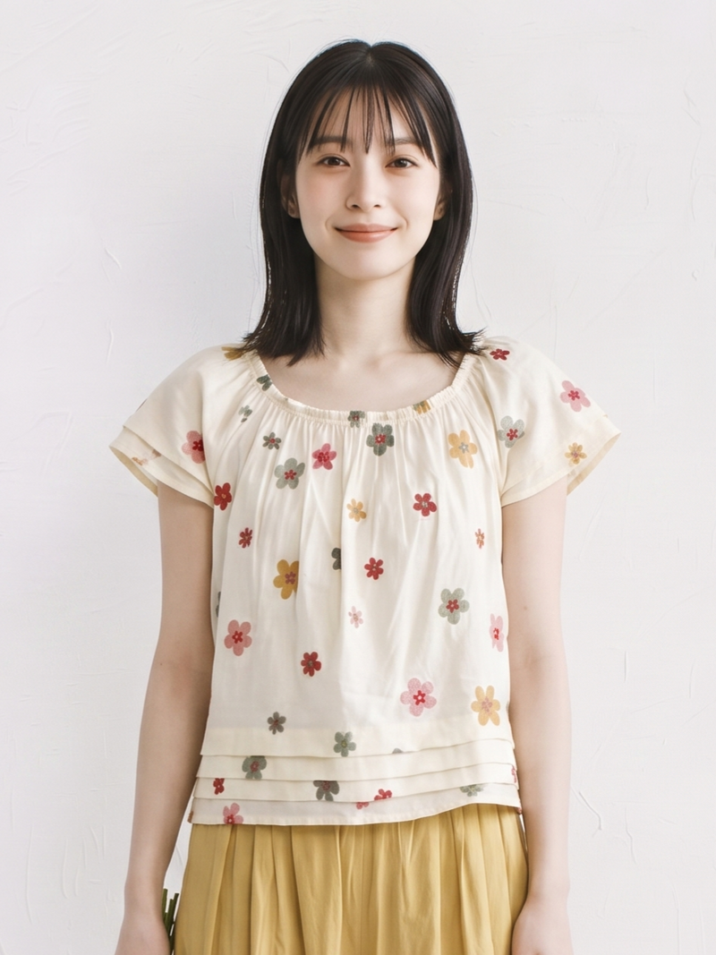 清凉夏日！ 碎花圖案 法式短袖層次襯衫