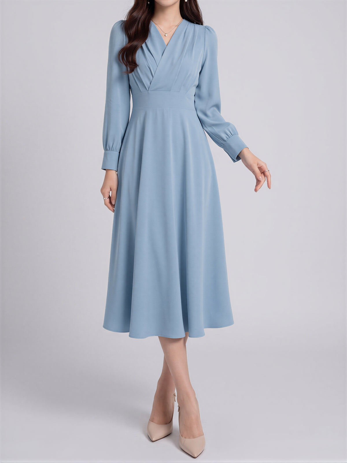 「3色」「秋季新品 」S-XL V領褶襉高腰長袖洋裝