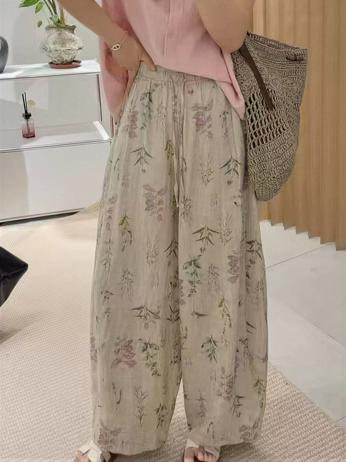 「兩色」M-2XL 植物印花寬鬆寬褲
